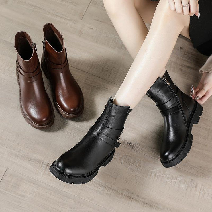 Black Genuine Leather Platform  flat boots - bagstylebliss