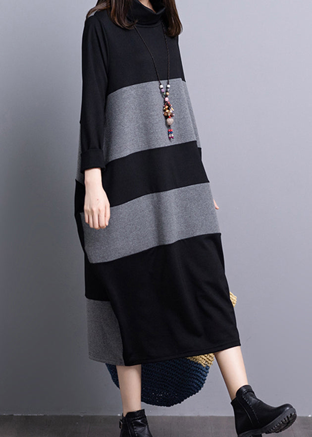 Black Grey Striped Knit Holiday Dresses Long Sleeve