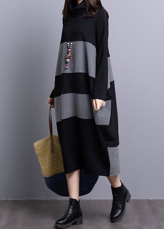 Black Grey Striped Knit Holiday Dresses Long Sleeve