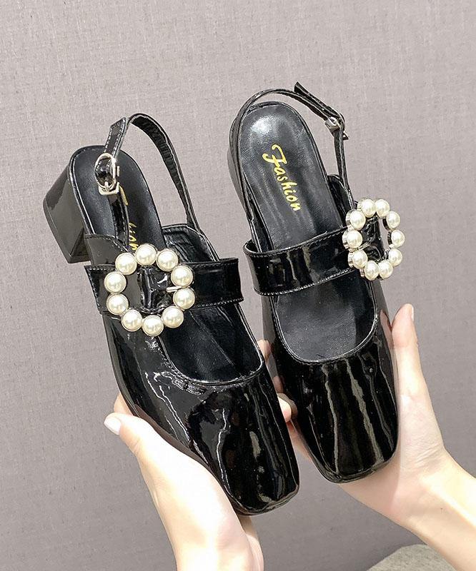 Black High Heels Chunky Faux Leather Comfy Buckle Strap High Heels - bagstylebliss