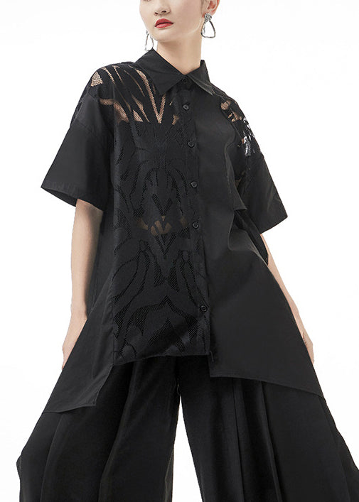 Black Hollow Out Cotton Shirts Asymmetrical Design Short Sleeve