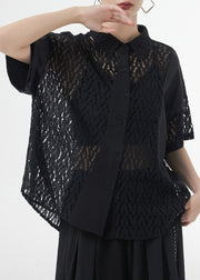 Black Hollow Out Patchwork Lace Shirt Top Peter Pan Collar Short Sleeve