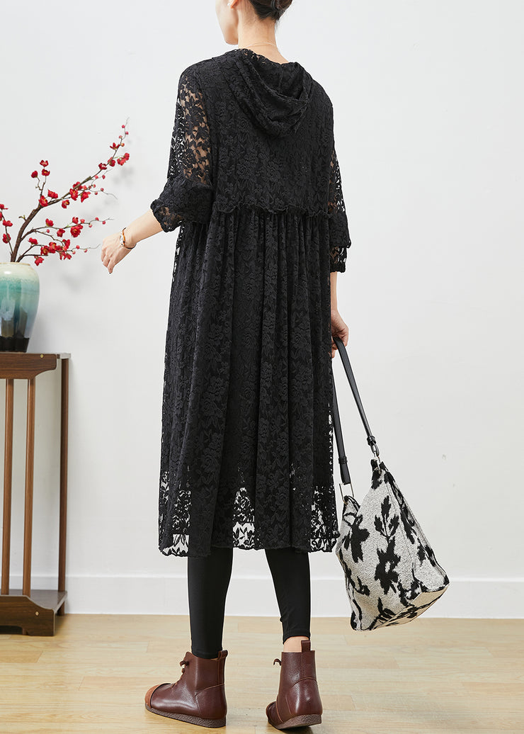 Black Lace Robe Dresses Hooded Exra Large Hem Fall