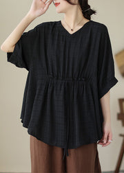 Black Lace Up Cotton Tops V Neck Half Sleeve