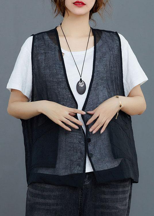 Black Linen Cardigan Vest Large Women Summer - bagstylebliss