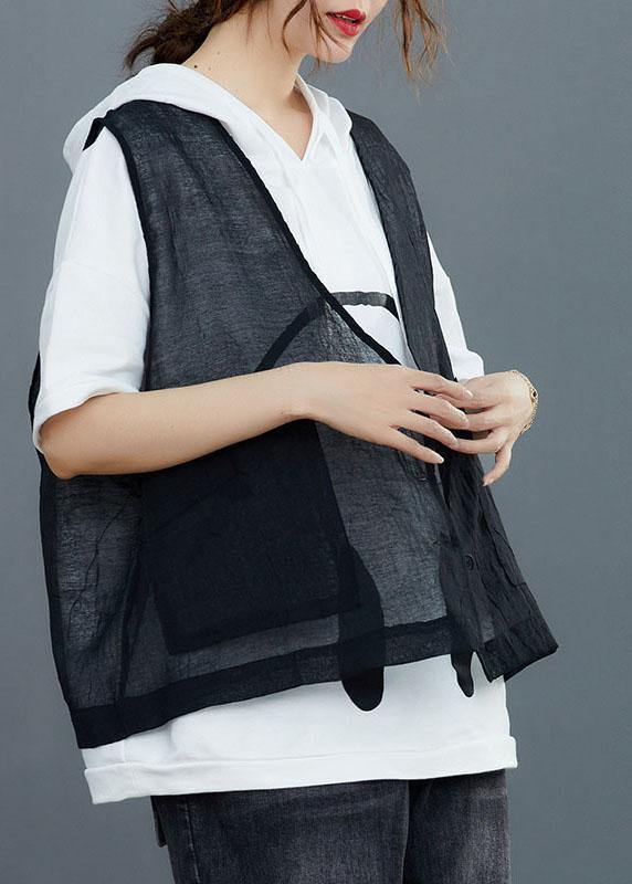 Black Linen Cardigan Vest Large Women Summer - bagstylebliss