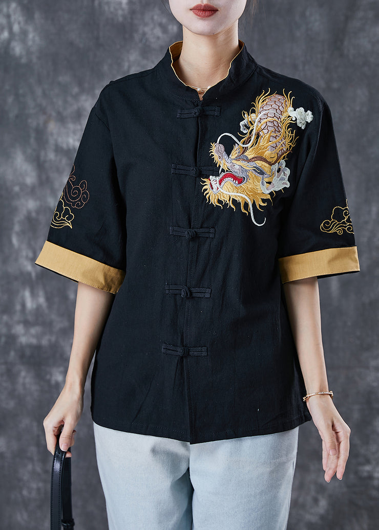 Black Linen Top Embroidered Chinese Button Short Sleeve