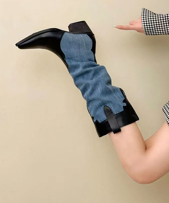 Black Long Boots Fashion Splicing Chunky Pointed Toe