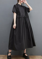 Black Loose Cotton Maxi Dresses Ruffled Cinched Short Sleeve