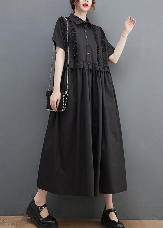 Black Loose Cotton Maxi Dresses Ruffled Cinched Short Sleeve