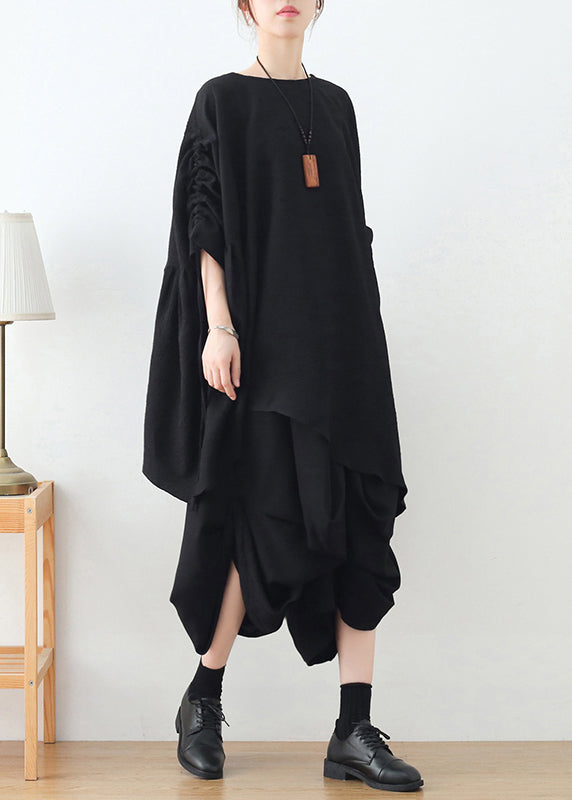 Black Loose Cotton Pullover Tops Asymmetrical Design Long sleeve