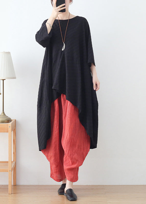 Black Loose Cotton Shirt Tops Low High Hesign Three Quarter sleeve