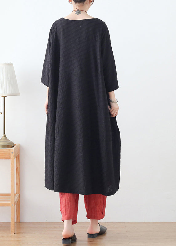 Black Loose Cotton Shirt Tops Low High Hesign Three Quarter sleeve