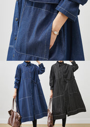 Black Loose Denim Trench Coat Oversized Pockets Spring