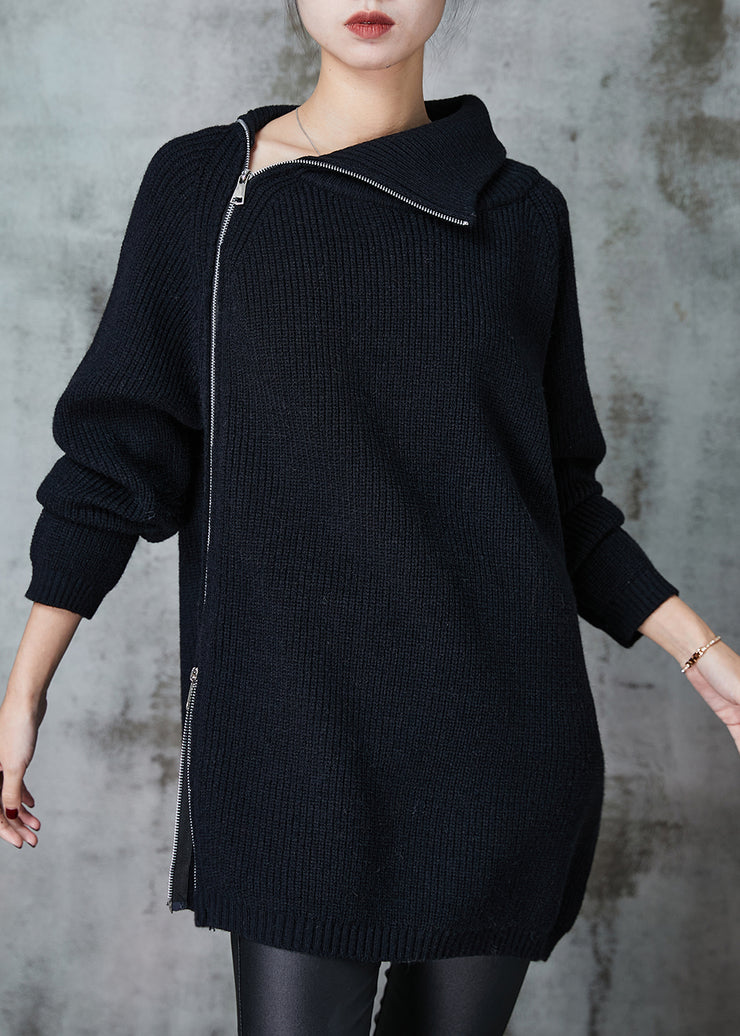 Black Loose Knit Sweaters Asymmetrical Zip Up Spring