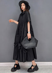 Black Loose Shirt Dresses Asymmetrical Design Wrinkled Short Sleeve