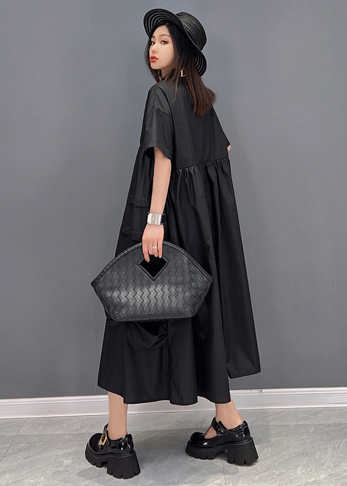 Black Loose Shirt Dresses Asymmetrical Design Wrinkled Short Sleeve