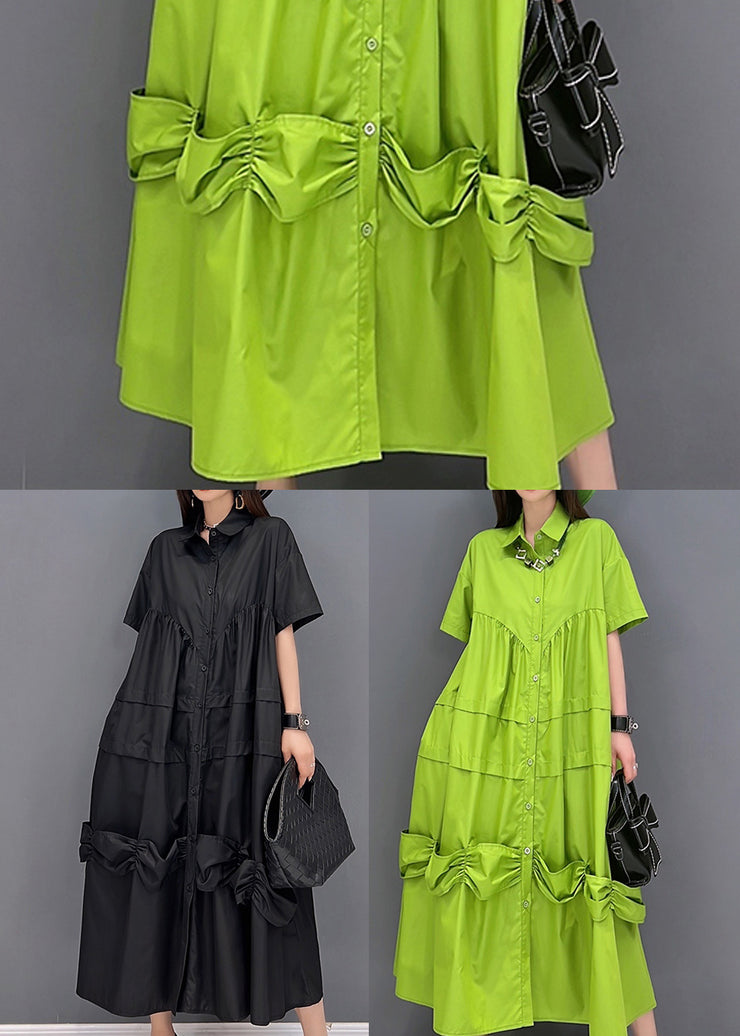 Black Loose Shirt Dresses Asymmetrical Design Wrinkled Short Sleeve