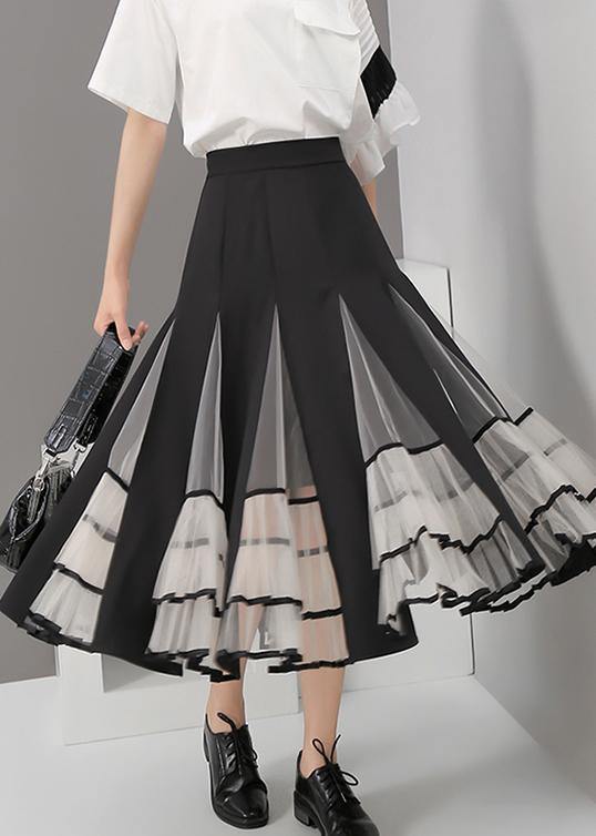 Black Mesh Patchwork A-Line Ladies Stylish Elegant Skirt - bagstylebliss
