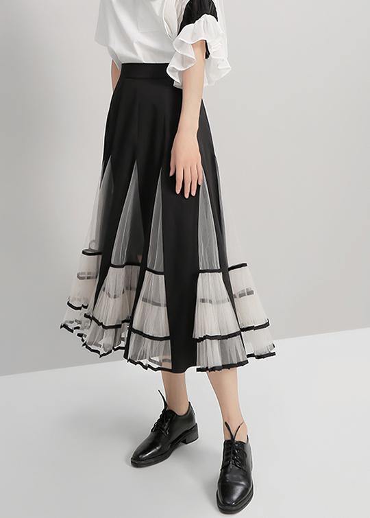 Black Mesh Patchwork A-Line Ladies Stylish Elegant Skirt - bagstylebliss