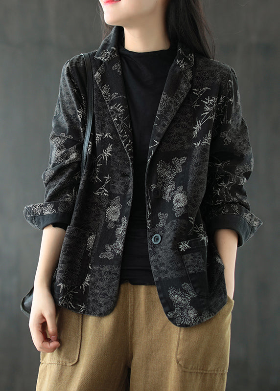 Black Notched Patchwork Button Denim Coats Fall