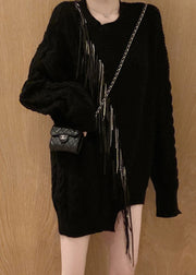 Black O-Neck Zircon Tassel Cotton Knit Sweaters Tops Long Sleeve