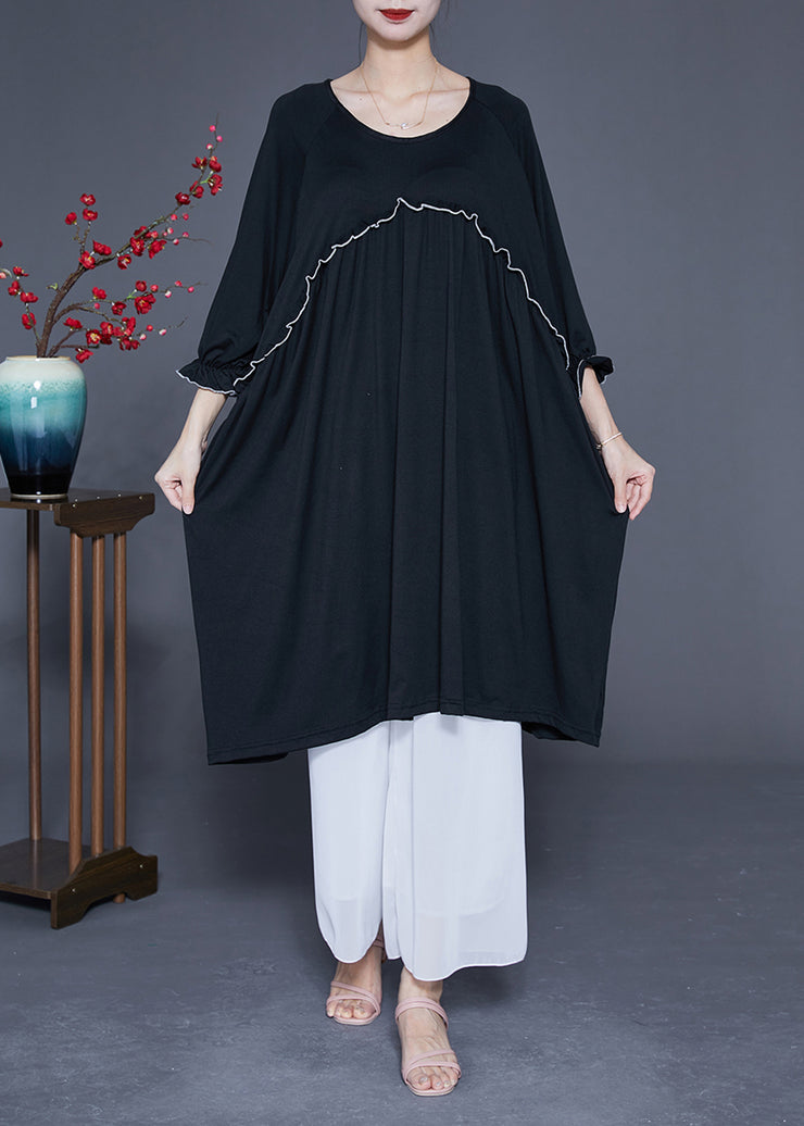 Black Oversized Cotton Long Dress O-Neck Ruffled Summer