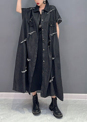 Black Oversized Cotton Ripped Denim Long Shirts Tassel Short Sleeve