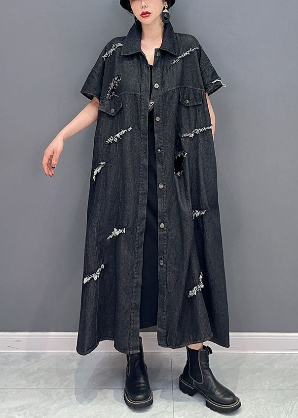 Black Oversized Cotton Ripped Denim Long Shirts Tassel Short Sleeve