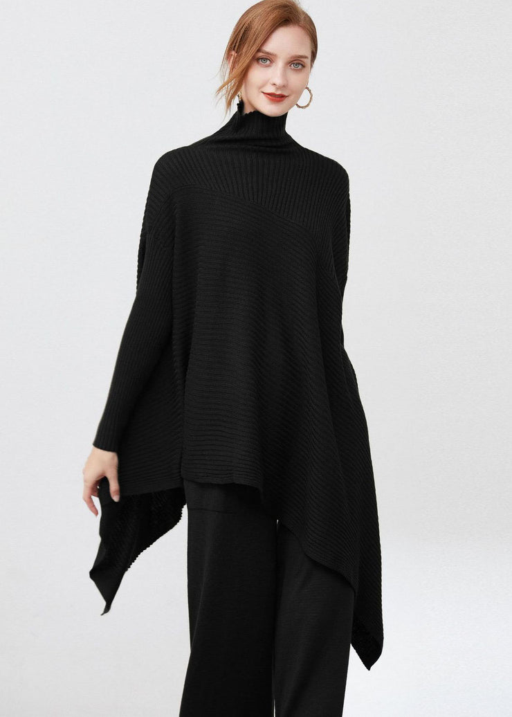 Schwarze, übergroße Wollpullover mit asymmetrischem Design und langen Ärmeln