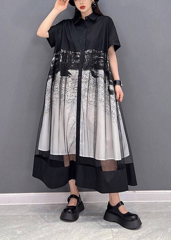 Black Patchwork Button Pockets Tulle Dresses Short Sleeve