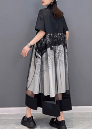 Black Patchwork Button Pockets Tulle Dresses Short Sleeve