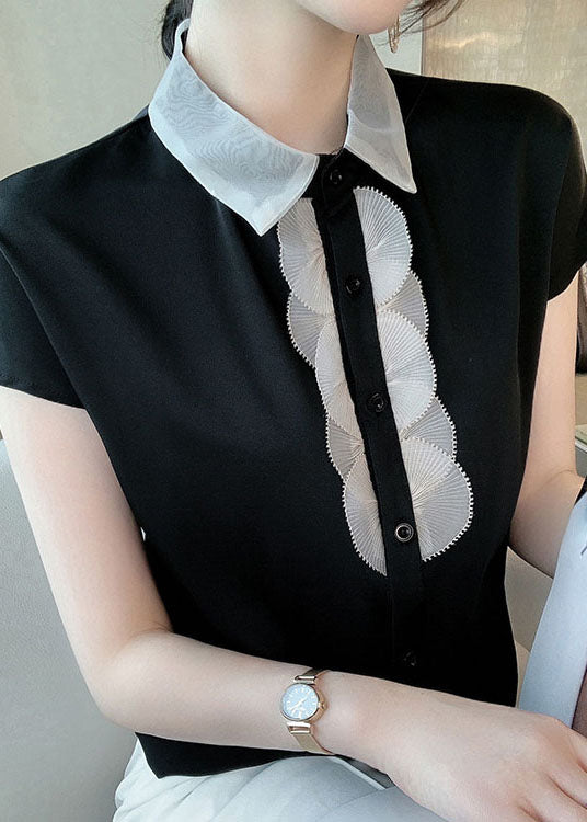 Black Patchwork Chiffon Shirt Top Peter Pan Collar Button Short Sleeve