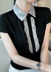 Black Patchwork Chiffon Shirt Top Peter Pan Collar Button Short Sleeve