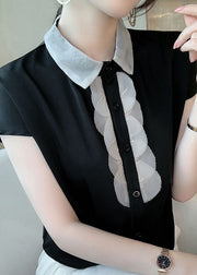 Black Patchwork Chiffon Shirt Top Peter Pan Collar Button Short Sleeve