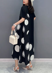 Black Patchwork Cotton Dress Asymmetrical Dot Print Summer