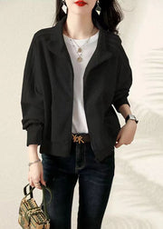 Black Patchwork Cotton Jackets Oversized Zippered Fall