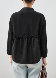 Black Patchwork Cotton Shirt Top Asymmetrical Wrinkled Fall