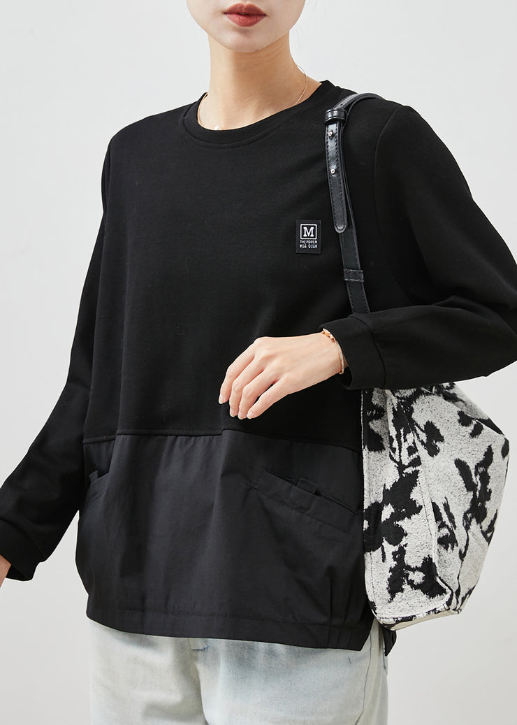 Black Patchwork Cotton Sweatshirt Streetwear Oversized Spring