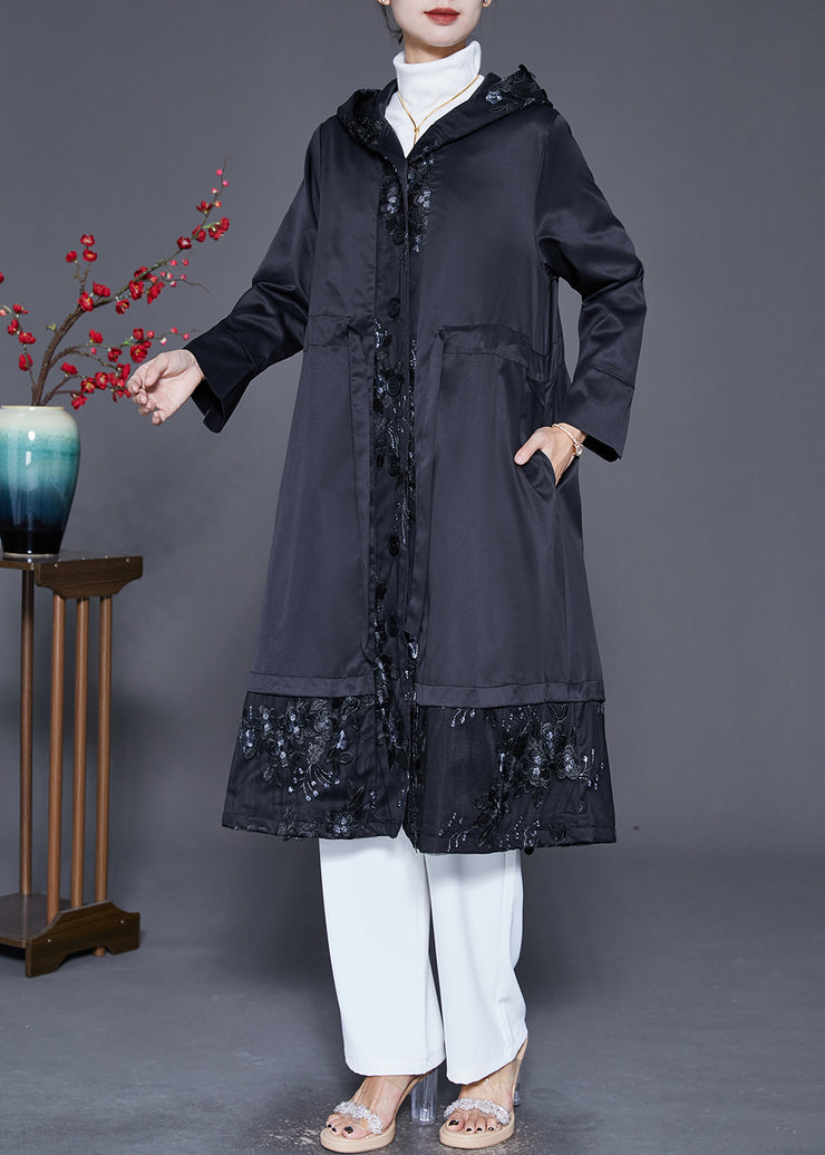 Black Patchwork Cotton Trench Embroidered Hooded Fall