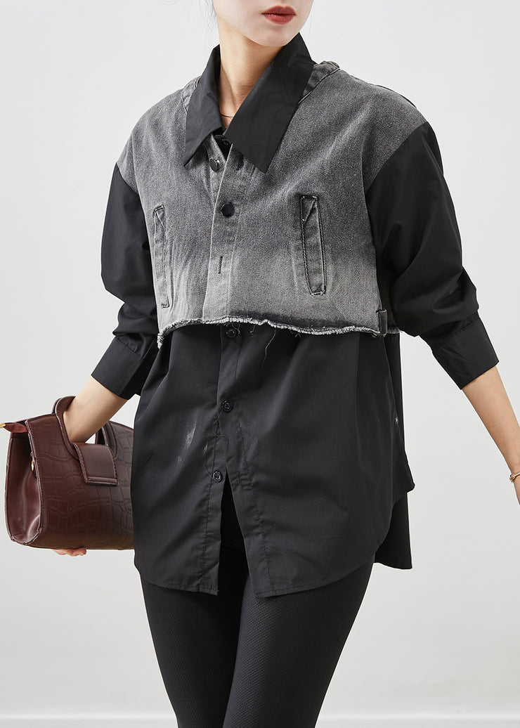 Black Patchwork Denim Cotton Shirt Tops Oversized Fall