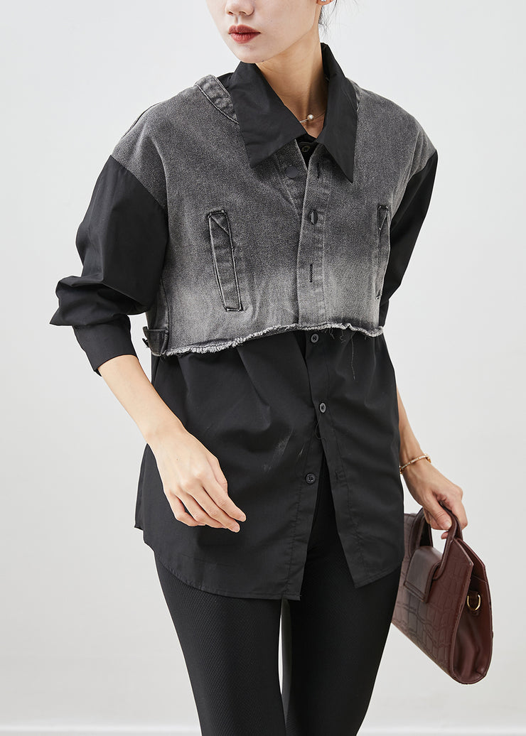 Black Patchwork Denim Cotton Shirt Tops Oversized Fall