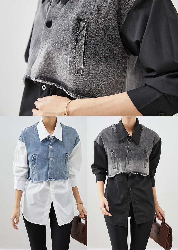 Black Patchwork Denim Cotton Shirt Tops Oversized Fall