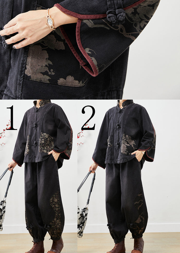 Black Patchwork Denim Two Piece Set Chinese Button Print Fall