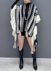 Black Patchwork Knit Loose Shawl Tasseled Ruffled Fall