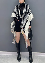 Black Patchwork Knit Loose Shawl Tasseled Ruffled Fall