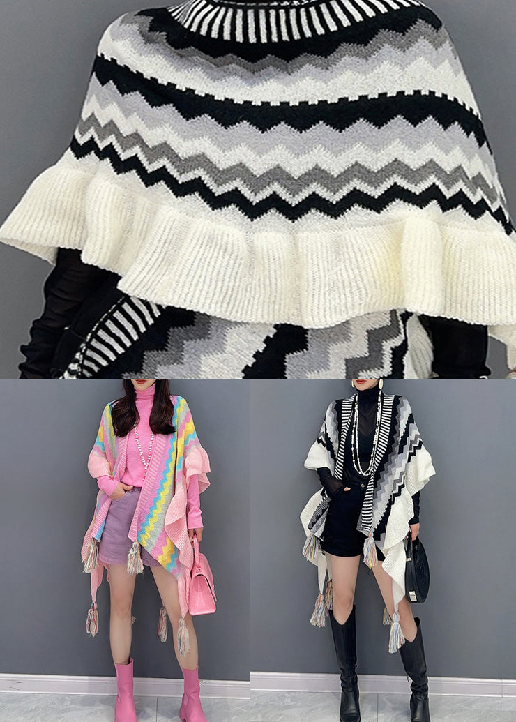 Black Patchwork Knit Loose Shawl Tasseled Ruffled Fall