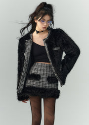 Black Patchwork Leather And Fur Two Pieces Set O Neck Long Sleeve