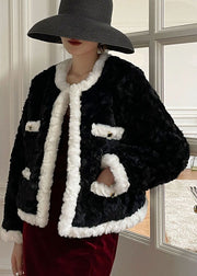 Black Patchwork Pockets Faux Fur Winter Coats