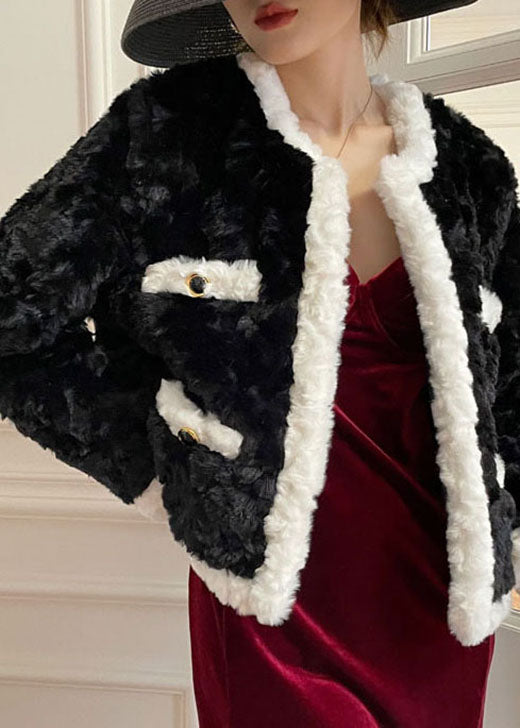 Black Patchwork Pockets Faux Fur Winter Coats